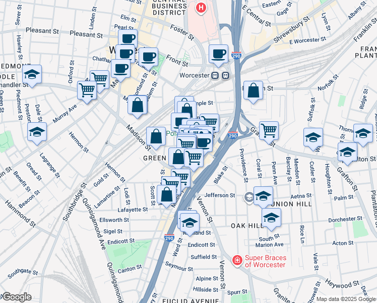 map of restaurants, bars, coffee shops, grocery stores, and more near 138 Green Street in Worcester