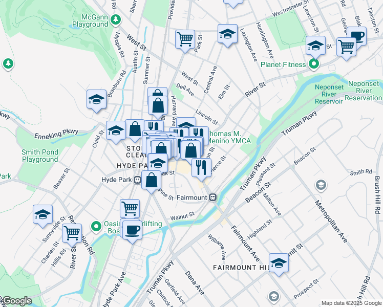 map of restaurants, bars, coffee shops, grocery stores, and more near 1175 River Street in Boston