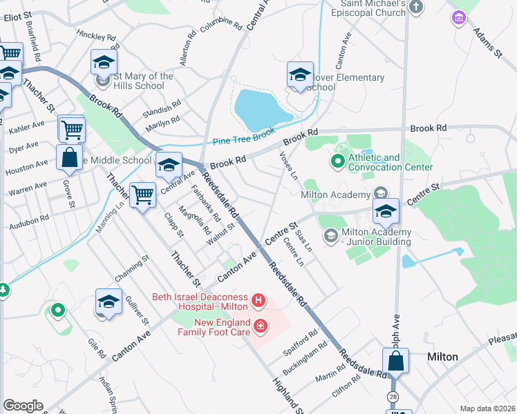 map of restaurants, bars, coffee shops, grocery stores, and more near 29 Lantern Lane in Milton
