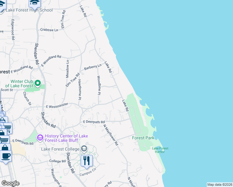 map of restaurants, bars, coffee shops, grocery stores, and more near 955 Lake Road in Lake Forest