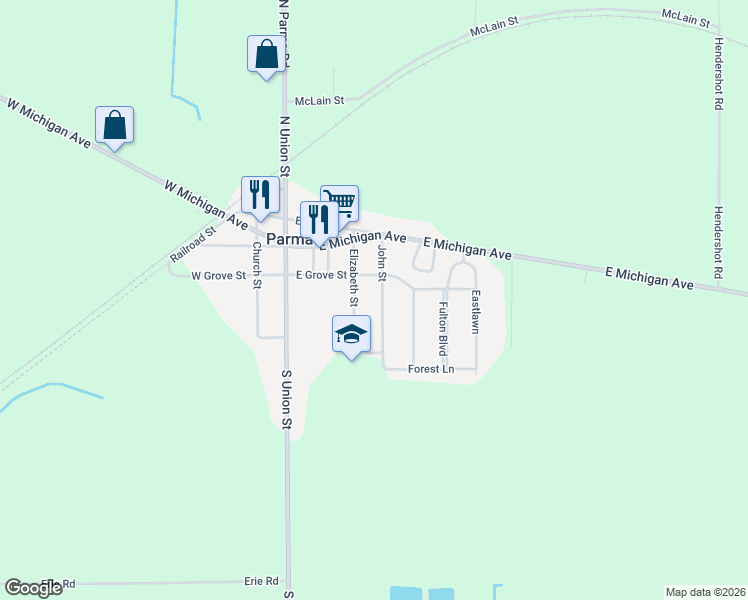map of restaurants, bars, coffee shops, grocery stores, and more near 219 John Street in Parma