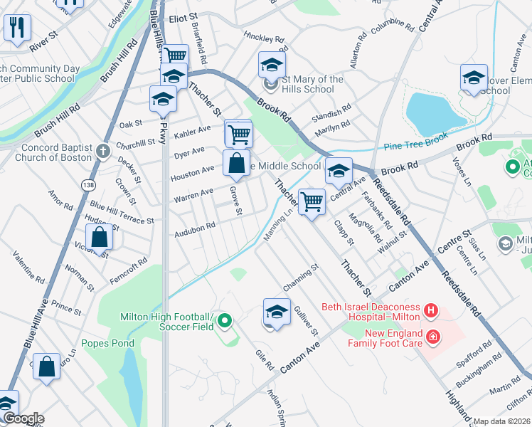 map of restaurants, bars, coffee shops, grocery stores, and more near 38 Winthrop Street in Milton