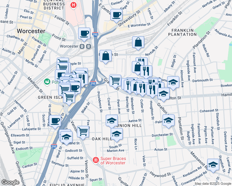 map of restaurants, bars, coffee shops, grocery stores, and more near 78 Waverly Street in Worcester