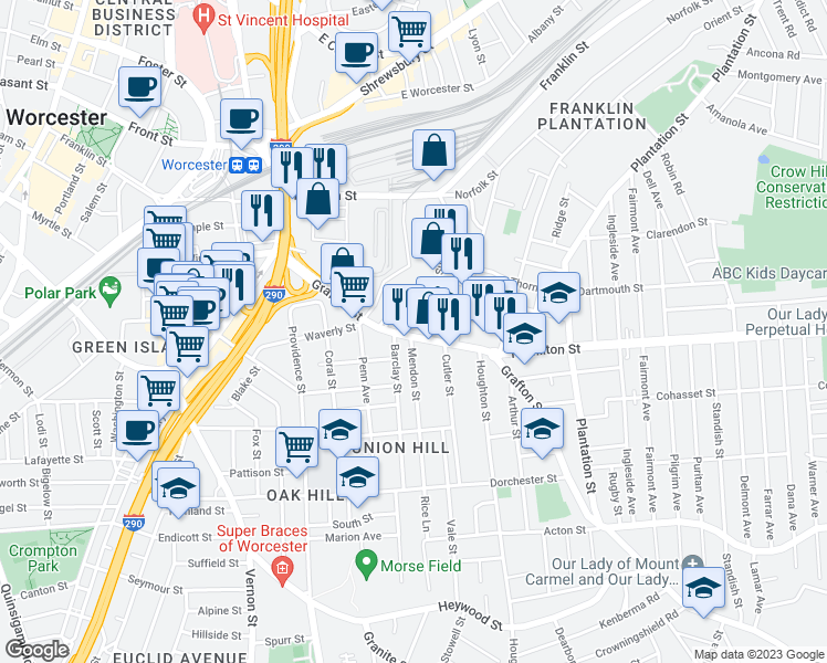 map of restaurants, bars, coffee shops, grocery stores, and more near 267 Grafton Street in Worcester