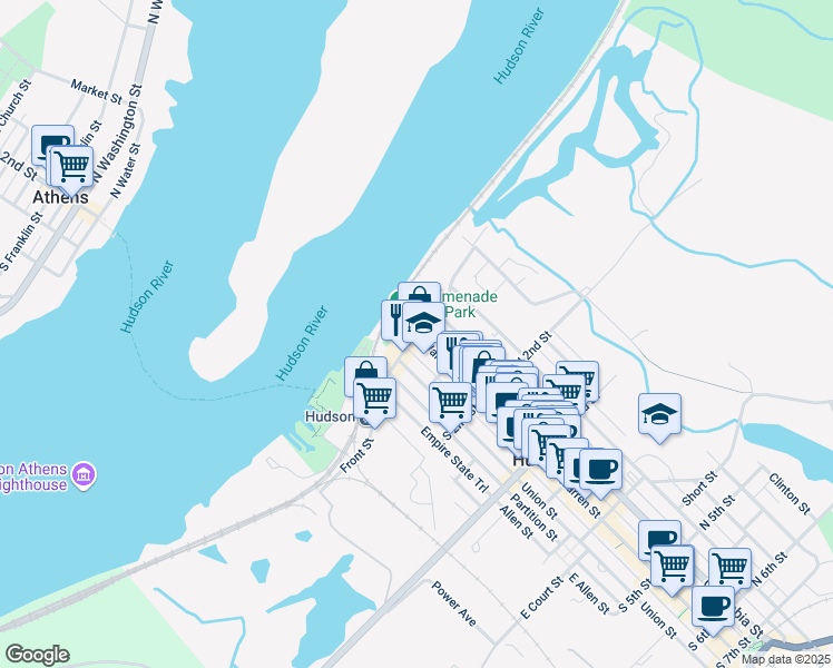 map of restaurants, bars, coffee shops, grocery stores, and more near 16 South Front Street in Hudson