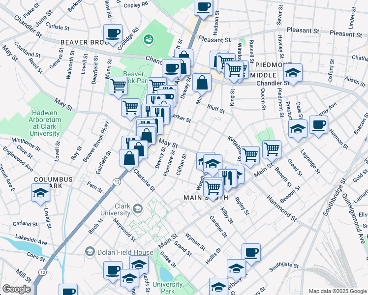 map of restaurants, bars, coffee shops, grocery stores, and more near 87 Mason Street in Worcester