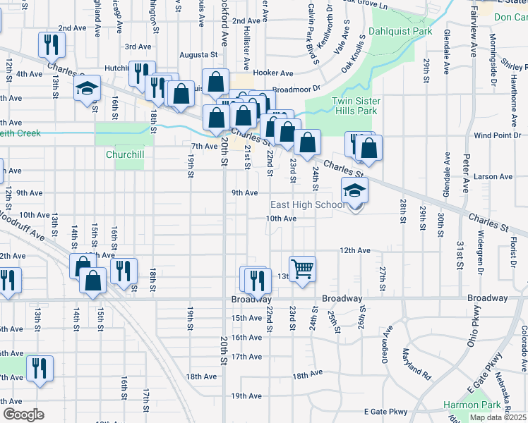 map of restaurants, bars, coffee shops, grocery stores, and more near 1023 22nd St in Rockford
