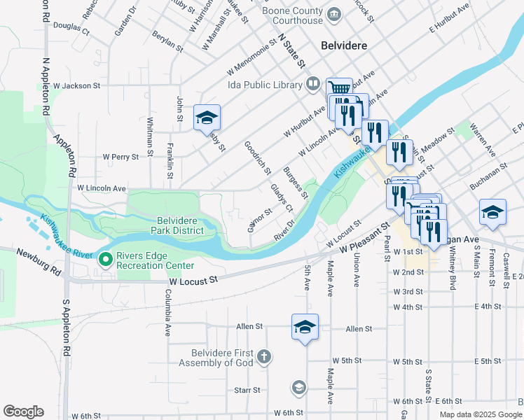map of restaurants, bars, coffee shops, grocery stores, and more near 539 Gaynor Street in Belvidere