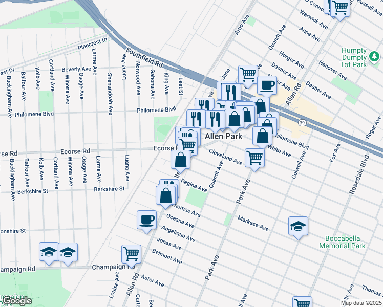 map of restaurants, bars, coffee shops, grocery stores, and more near 163 Roosevelt Avenue in Allen Park
