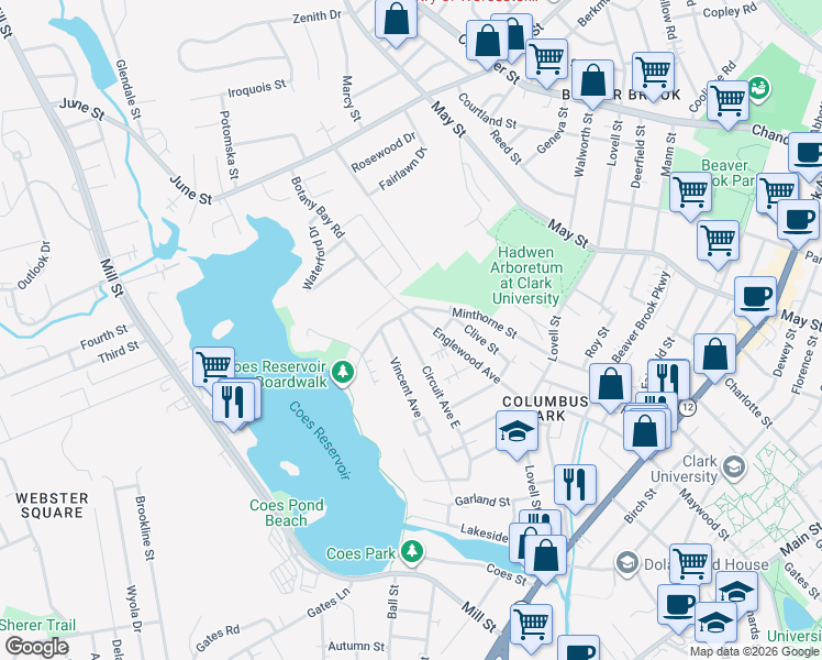 map of restaurants, bars, coffee shops, grocery stores, and more near 40 Circuit Avenue East in Worcester