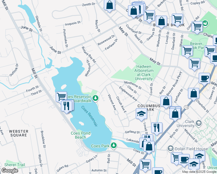 map of restaurants, bars, coffee shops, grocery stores, and more near 47 Circuit Ave N in Worcester