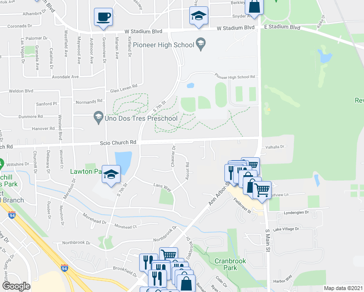 map of restaurants, bars, coffee shops, grocery stores, and more near 575 Scio Church Road in Ann Arbor