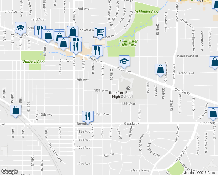 map of restaurants, bars, coffee shops, grocery stores, and more near 1021 24th Street in Rockford