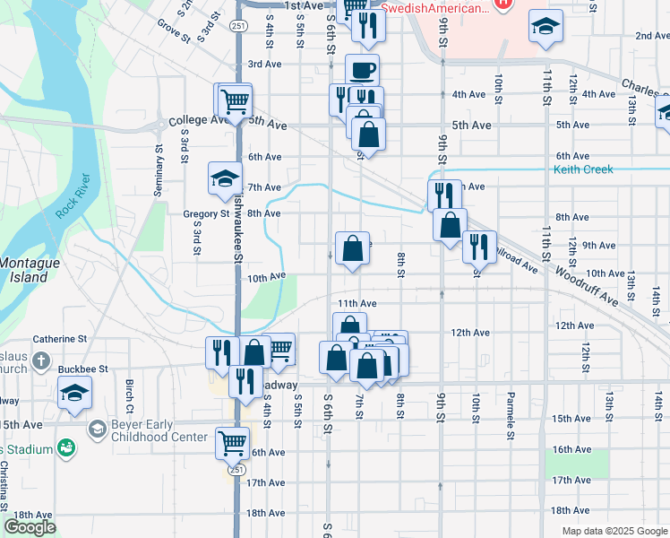 map of restaurants, bars, coffee shops, grocery stores, and more near 1026 South 6th Street in Rockford