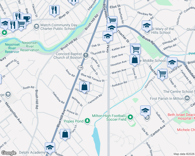 map of restaurants, bars, coffee shops, grocery stores, and more near 14 Crown Street in Milton