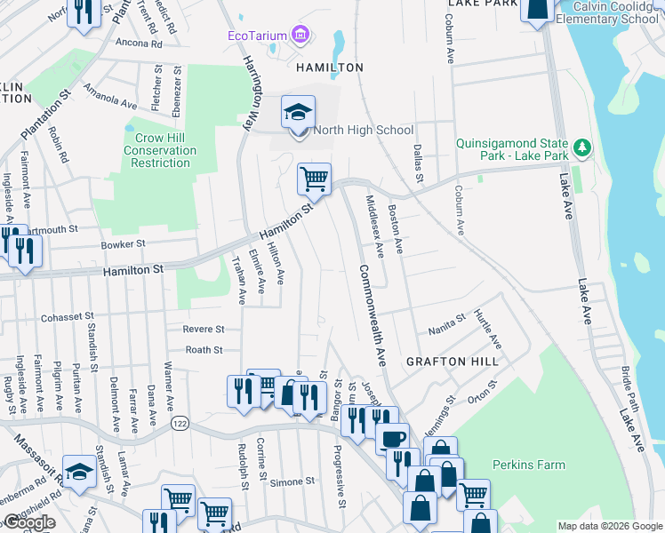 map of restaurants, bars, coffee shops, grocery stores, and more near 34 Harold Street in Worcester