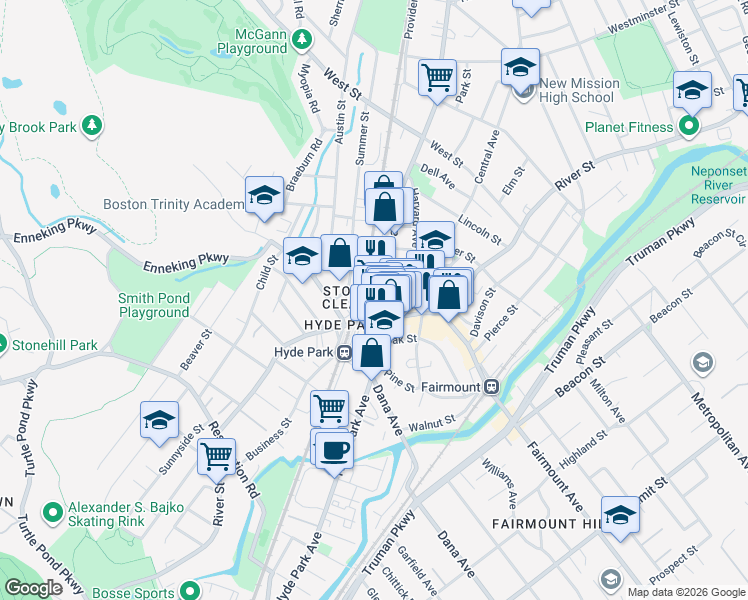 map of restaurants, bars, coffee shops, grocery stores, and more near 1249 Hyde Park Avenue in Boston