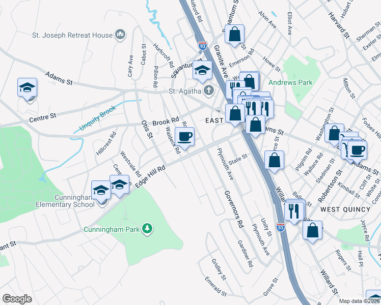 map of restaurants, bars, coffee shops, grocery stores, and more near 242 Edge Hill Road in Milton