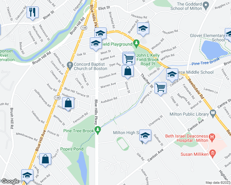 map of restaurants, bars, coffee shops, grocery stores, and more near 26 Harold Street in Milton