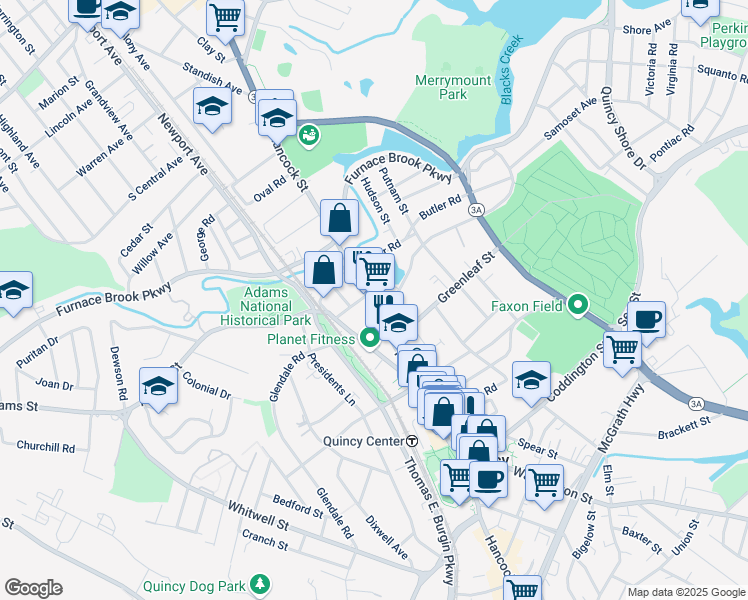 map of restaurants, bars, coffee shops, grocery stores, and more near 1054 Hancock Street in Quincy