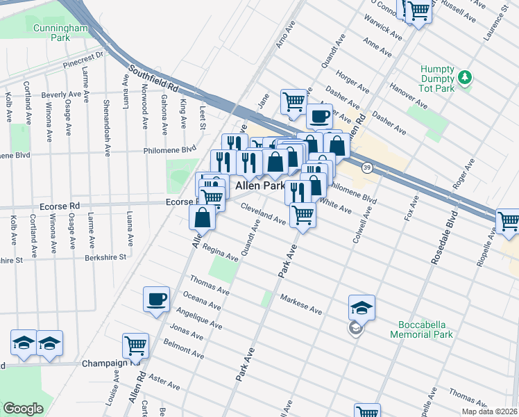 map of restaurants, bars, coffee shops, grocery stores, and more near 5704 Cleveland Avenue in Allen Park