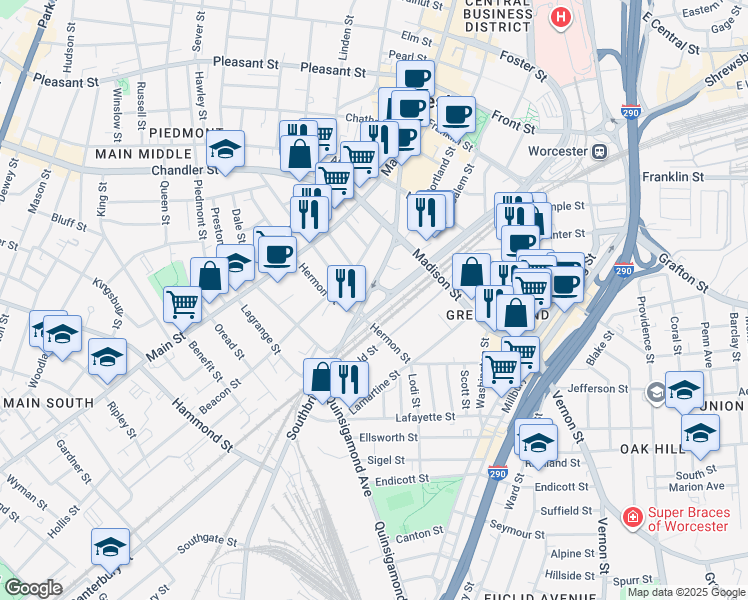 map of restaurants, bars, coffee shops, grocery stores, and more near 180 Southbridge Street in Worcester