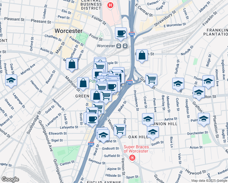 map of restaurants, bars, coffee shops, grocery stores, and more near 96 Massachusetts 122 in Worcester