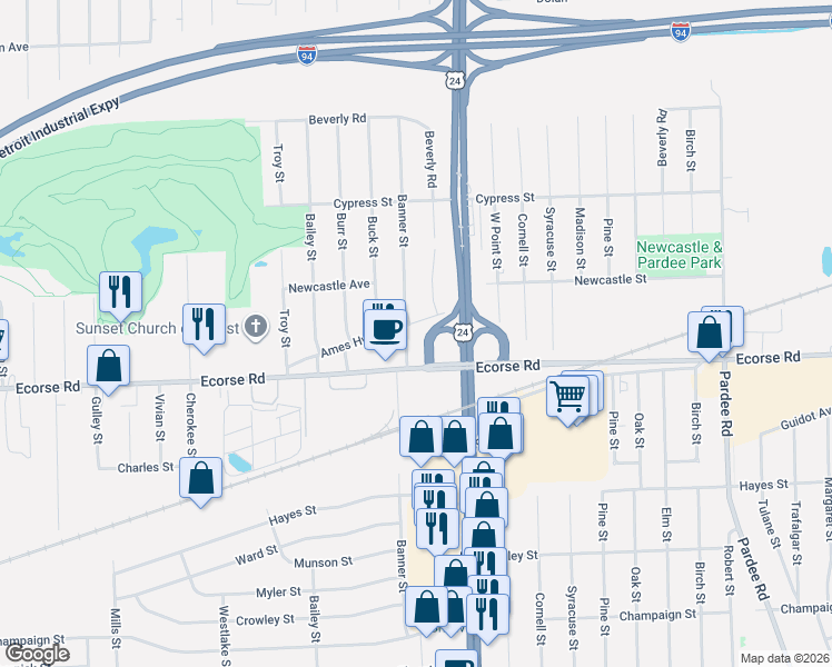 map of restaurants, bars, coffee shops, grocery stores, and more near 24159 Ames Highway in Taylor