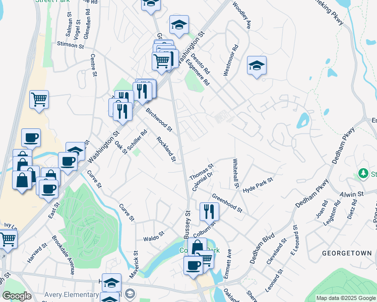 map of restaurants, bars, coffee shops, grocery stores, and more near 6 Liberty Lane in Dedham