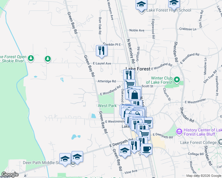 map of restaurants, bars, coffee shops, grocery stores, and more near 106 East Woodland Road in Lake Forest