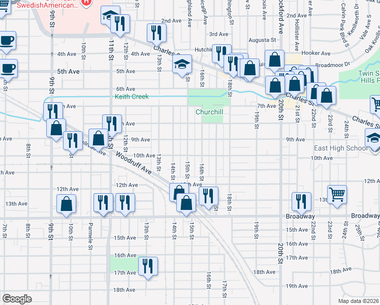 map of restaurants, bars, coffee shops, grocery stores, and more near 1024 15th Street in Rockford