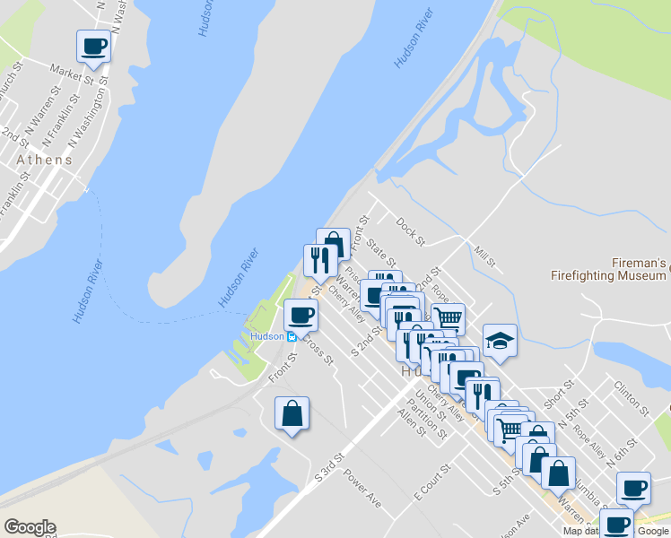 map of restaurants, bars, coffee shops, grocery stores, and more near 2 Warren Street in Hudson