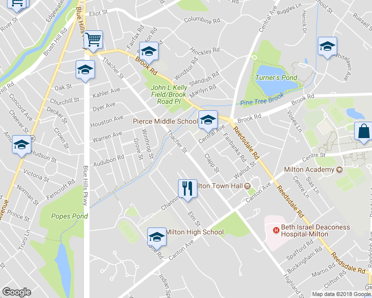 map of restaurants, bars, coffee shops, grocery stores, and more near 252 Thacher Street in Milton