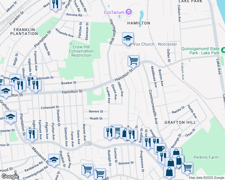map of restaurants, bars, coffee shops, grocery stores, and more near 8 Elmire Avenue in Worcester