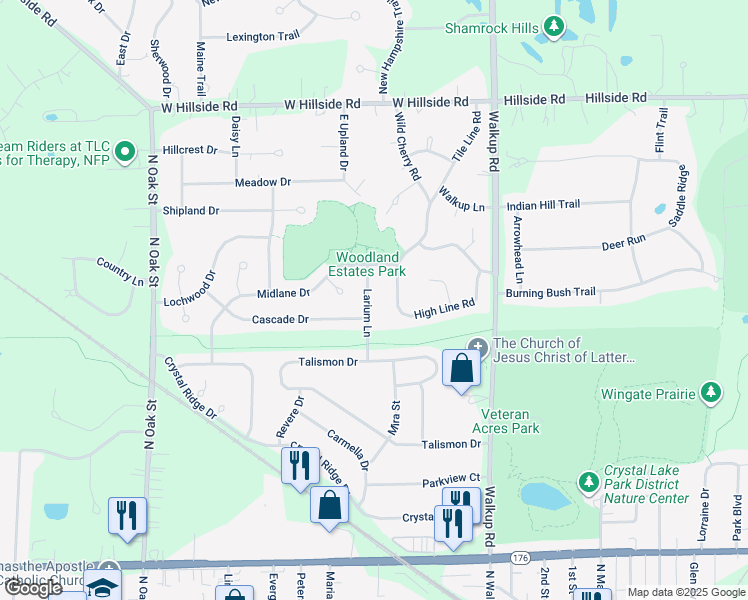 map of restaurants, bars, coffee shops, grocery stores, and more near 567 Larium Lane in Crystal Lake