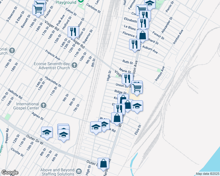 map of restaurants, bars, coffee shops, grocery stores, and more near 50 Ridge St in Ecorse