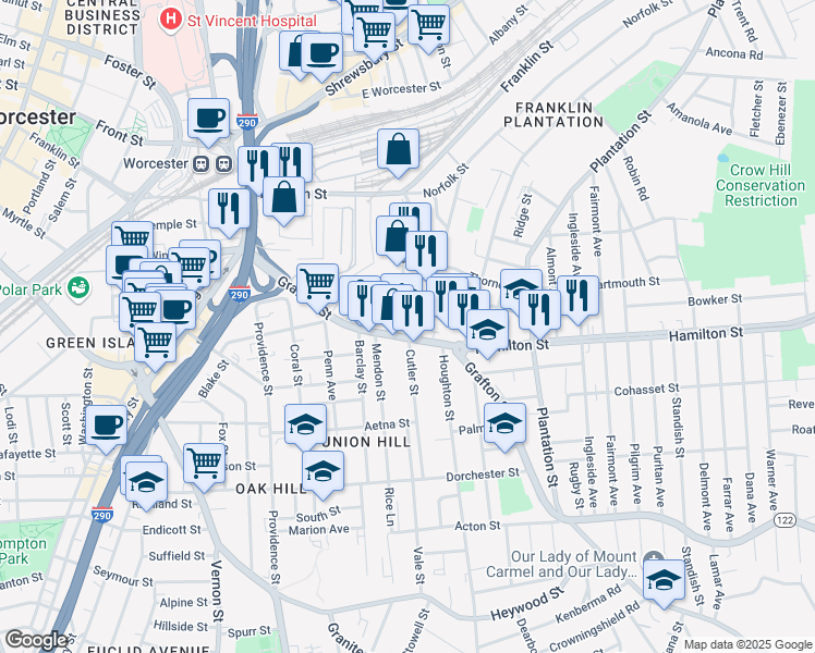 map of restaurants, bars, coffee shops, grocery stores, and more near 311 Grafton Street in Worcester