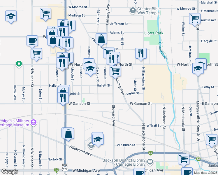 map of restaurants, bars, coffee shops, grocery stores, and more near 507 Hallett Street in Jackson