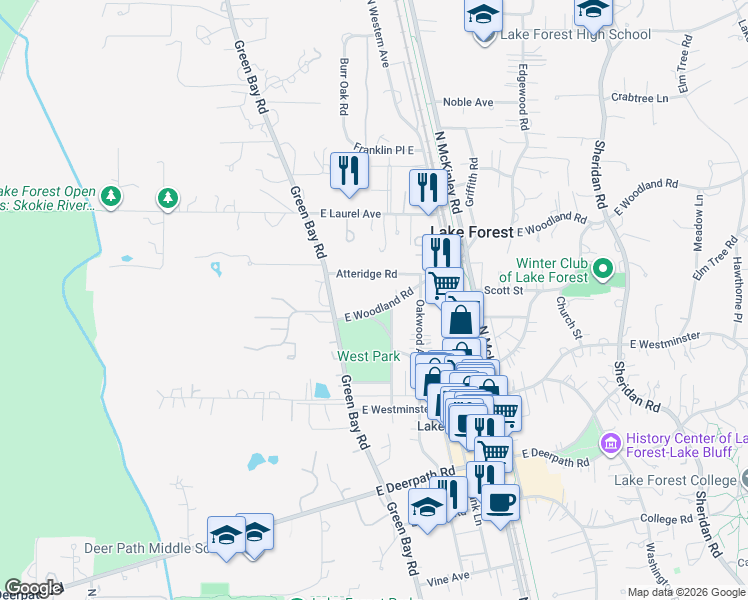 map of restaurants, bars, coffee shops, grocery stores, and more near 106 East Woodland Road in Lake Forest