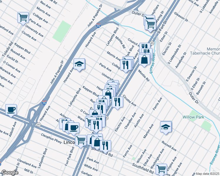 map of restaurants, bars, coffee shops, grocery stores, and more near 1355 Fort Park Boulevard in Lincoln Park