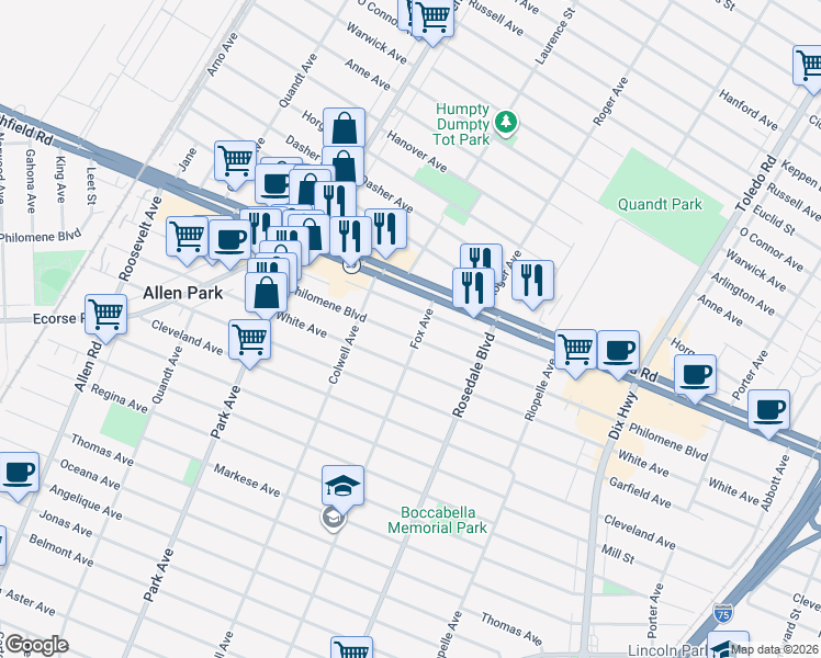 map of restaurants, bars, coffee shops, grocery stores, and more near 15018 Philomene Boulevard in Allen Park