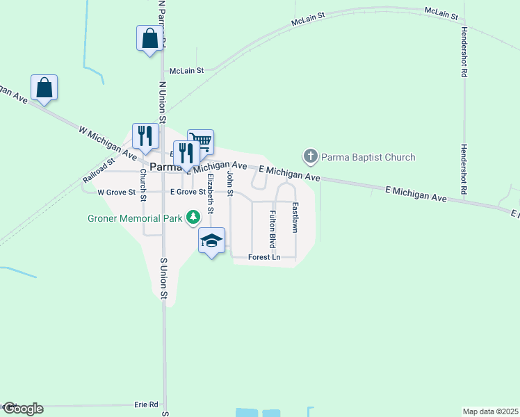 map of restaurants, bars, coffee shops, grocery stores, and more near 529 E Grove St in Parma