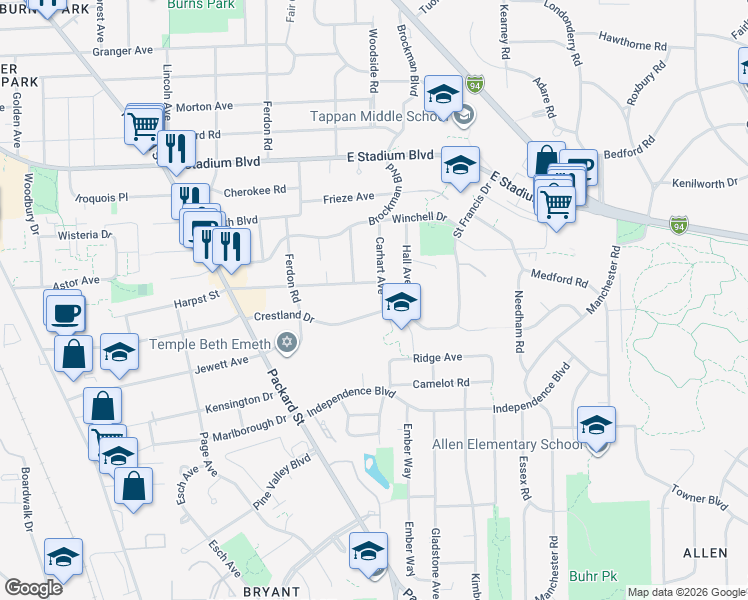 map of restaurants, bars, coffee shops, grocery stores, and more near 2112 Carhart Avenue in Ann Arbor