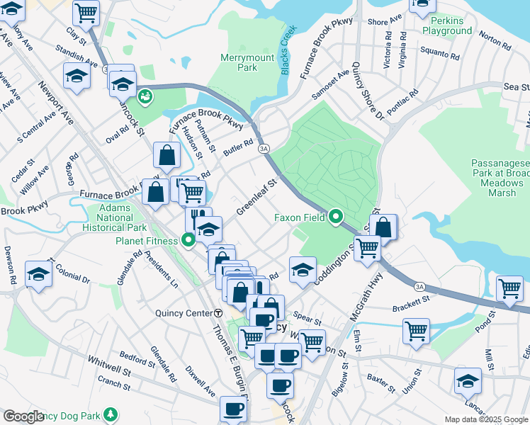 map of restaurants, bars, coffee shops, grocery stores, and more near 158 Putnam Street in Quincy