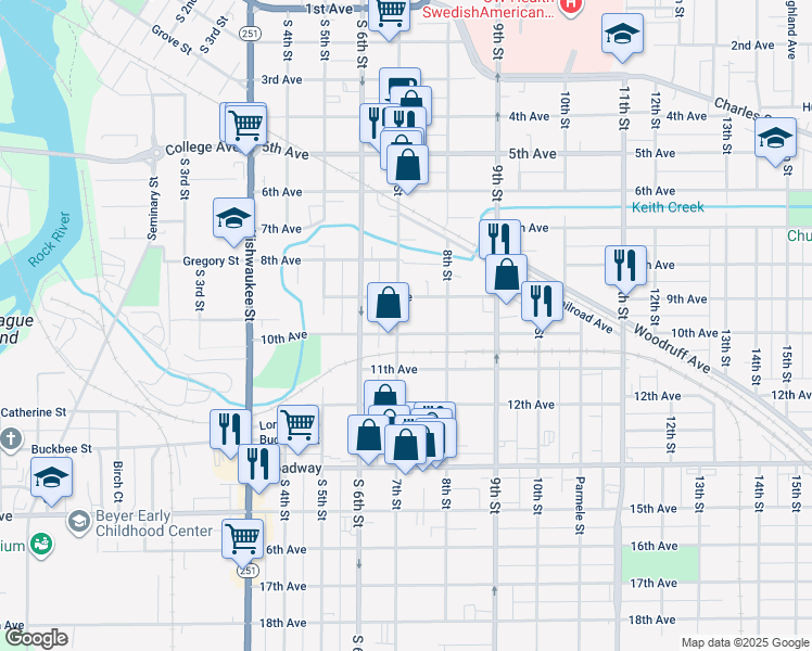 map of restaurants, bars, coffee shops, grocery stores, and more near 1026 7th Street in Rockford