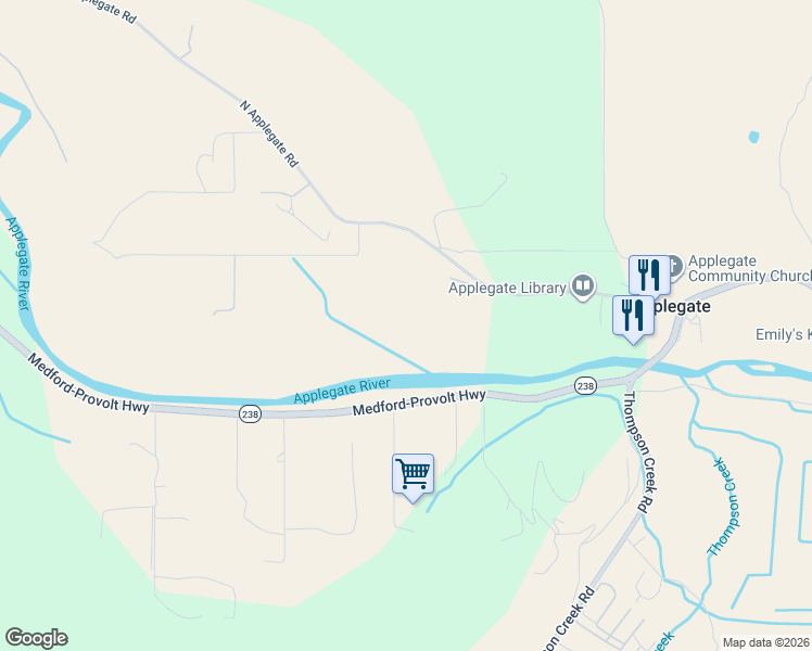 map of restaurants, bars, coffee shops, grocery stores, and more near 18485 North Applegate Road in Grants Pass