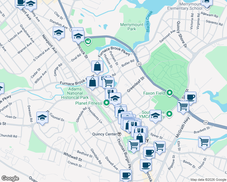 map of restaurants, bars, coffee shops, grocery stores, and more near 1054 Hancock Street in Quincy