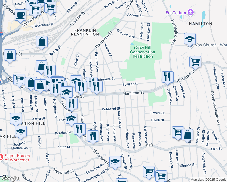 map of restaurants, bars, coffee shops, grocery stores, and more near 119 Hamilton Street in Worcester
