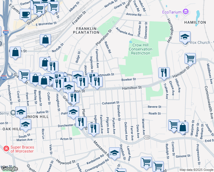 map of restaurants, bars, coffee shops, grocery stores, and more near 119 Hamilton Street in Worcester