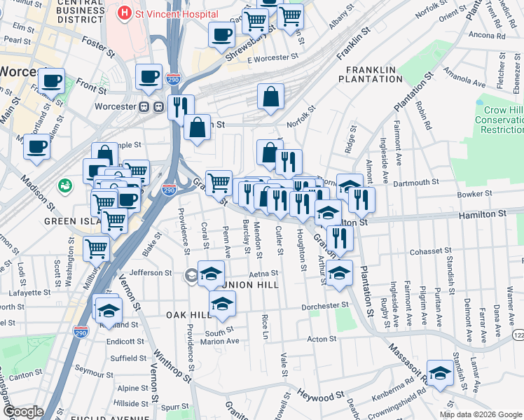 map of restaurants, bars, coffee shops, grocery stores, and more near 267 Grafton Street in Worcester
